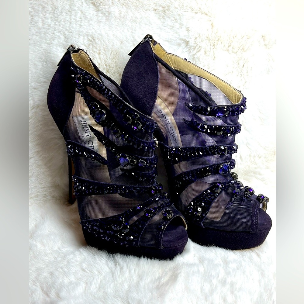 Jimmy Choo Crystal and Suede Mesh Peep-Toe Heels